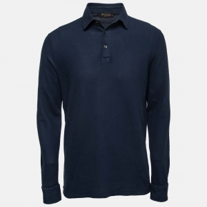 Pre Owned Loro Piana Navy Blue Cotton Pique Long Sleeve Polo T-Shirt M