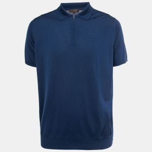 Pre Owned Loro Piana Blue Knit Wool Half-Zip Polo T-Shirt 2XL