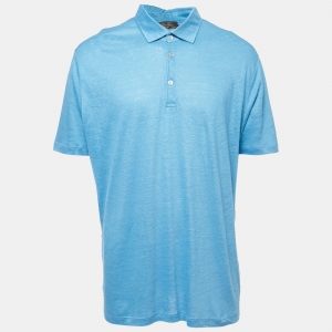 Pre Owned Loro Piana Blue Linen Knit Polo T-Shirt 3XL