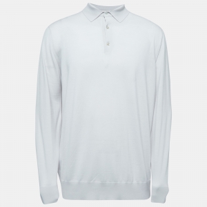 Pre Owned Loro Piana Light Grey Wool Long Sleeve Polo T-Shirt 3XL
