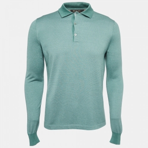 Pre Owned Loro Piana Green Silk Knit Long Sleeve Polo T-Shirt M