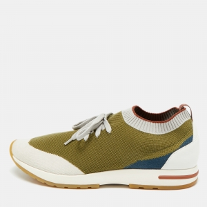 Pre Owned Loro Piana 360 LP Flexy Walk Size 44 Green/White Knit Fabric and Leather Lace Up Sneakers
