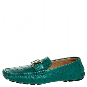 Louis Vuitton Green Ostrich Leather Logo Detail Slip On Loafers Size 42.5
