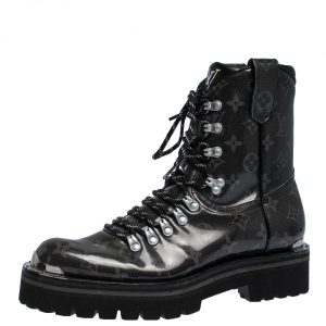 Pre Owned Louis Vuitton Grey/Black Monogram Patent Leather Lace Up Mid Calf Boots Size 41