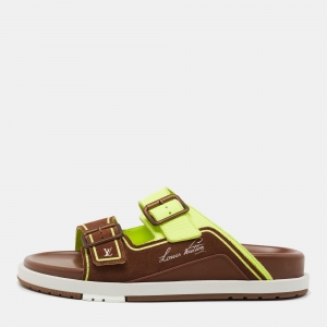 Pre Owned Louis Vuitton Green/Brown Leather and Suede Trainer Flat Slides Size 42