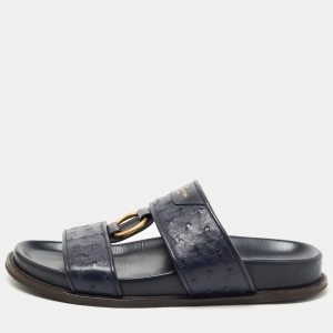 Louis Vuitton Navy Blue Ostrich Leather Slides Size 43.5