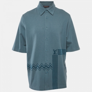 Louis Vuitton Blue Flock Print Cotton Knit Button Front Shirt M