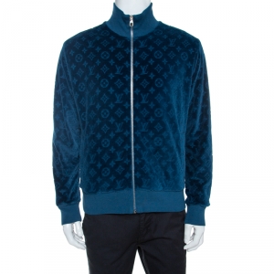 Louis Vuitton Blue Monogram Pattern Velvet Zip Front Jacket L