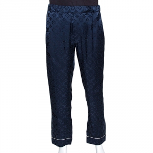 Louis Vuitton x Supreme Navy Blue Monogram Jacquard Satin Pajama Pants XL