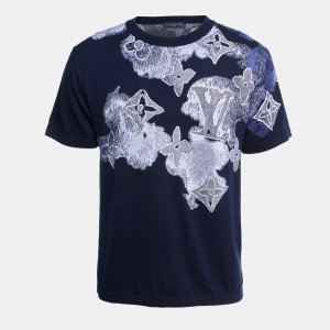 Louis Vuitton Blue Logo Patterned Knit Crewneck T-Shirt M