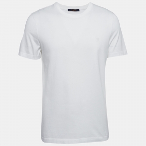 Louis Vuitton White Logo Embroidered Cotton Half Sleeve T-Shirt L