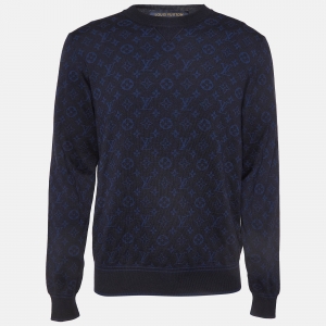 Louis Vuitton Black & Blue Monogram Print Wool Blend Sweater L