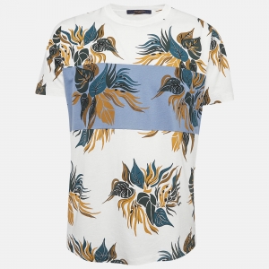 Louis Vuitton White/Blue Leaf Print Cotton T-Shirt M