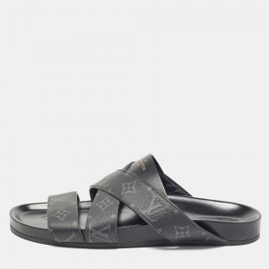 Pre Owned Louis Vuitton Black Monogram Leather Mirabeau Flat Slides Size 43 