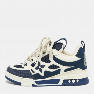 Pre Owned Louis Vuitton Blue and White Fabric and Leather LV Skate Lace Up Sneakers Size 41.5