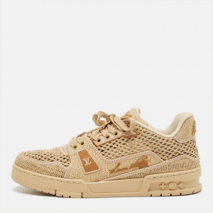 مملوكة مسبقًا Louis Vuitton LV Trainer Size 40 Tan Knit Fabric and Raffia Lace Up Sneakers