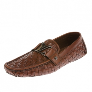 Pre Owned Louis Vuitton Brown Woven Leather Monte Carlo Loafers Size 41.5