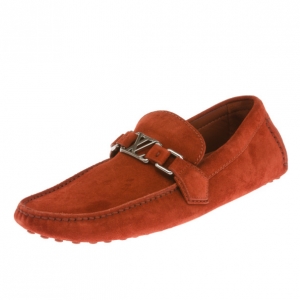 Pre Owned Louis Vuitton Brick Red Suede Hockenheim Loafers Size 41.5