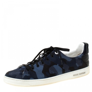 Louis Vuitton Blue Camouflage Fabric Frontrow Low Top Sneakers Size 43.5