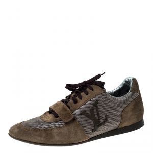 Louis Vuitton Grey/Olive Green Canvas and Suede Logo Velcro Strap Sneakers Size 42