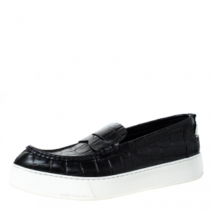 Louis Vuitton Black Croc Embossed Leather Slip On Sneakers Size 45