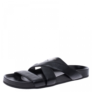 Pre Owned Louis Vuitton Black Leather Cross Strap Flat Slides Size 42.5