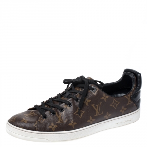 Pre Owned Louis Vuitton Brown Monogram Canvas and Black Leather Frontrow Low Top Sneakers Size 43