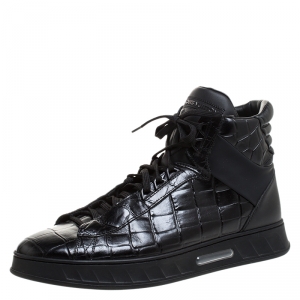 Louis Vuitton Black Croc Embossed Leather Lace High Top Sneakers Size 43