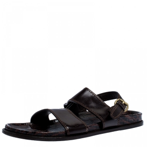 Louis Vuitton Brown Croc And Leather Flat Sandals Size 44.5