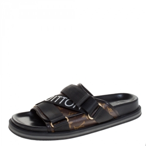 Pre Owned Louis Vuitton Brown/Black Monogram Canvas And Nylon Honolulu Flat Sandals Size 42.5
