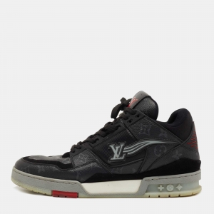 Pre Owned Louis Vuitton Black/Grey Suede, Fabric and Monogram Canvas LV Trainer Sneakers Size 44