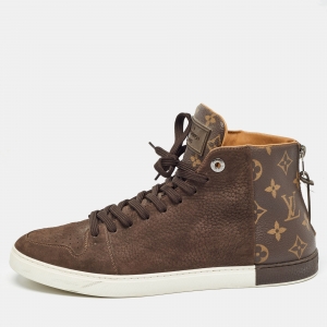 Louis Vuitton Brown Nubuck Leather and Monogram Canvas Line Up Sneakers Size 42