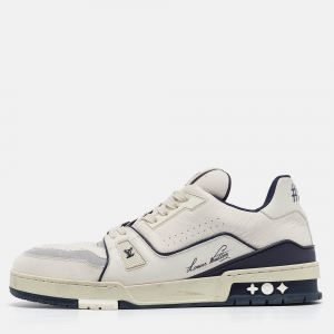 Pre Owned Louis Vuitton White/Blue Leather and Suede LV Trainer Sneakers Size 43