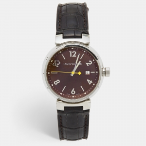 Louis Vuitton Brown Stainless Steel Alligator Tambour Q1111 Men's Wristwatch 39 mm