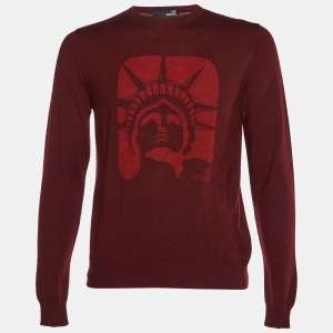Love Moschino Maroon Statue of Liberty Print Wool Knit Sweater L