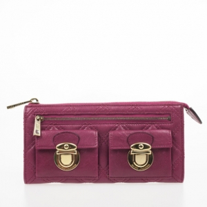 Pre Owned Marc Jacobs Fuchsia Quilted Leather Double Pocket Zip Wallet