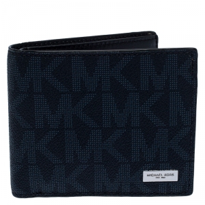 Michael Kors Navy Blue Signature Coated Canvas Bi Fold Wallet 