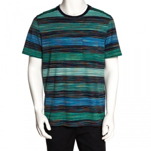 Pre Owned Missoni Blue & Green Striped Cotton Round Neck T-Shirt L 