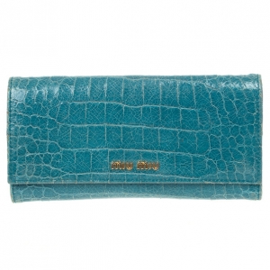 Pre Owned Miu Miu Blue Croc Print Patent Flap Continental Wallet
