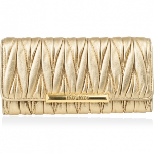 Pre Owned Miu Miu Gold Matelasse Leather Wallet