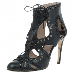 Pre Owned Miu Miu Black Leather Embellished Cutout Ankle Booties Size 37.5