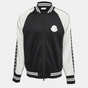 Moncler Black & White Jersey Logo Stripe Detail Bomber Jacket L