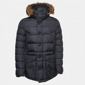 Moncler Black Nylon Fur Trimmed Hood Down Jacket L