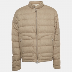 Moncler Beige Cashmere Logo-Patch Puffer Jacket XXL