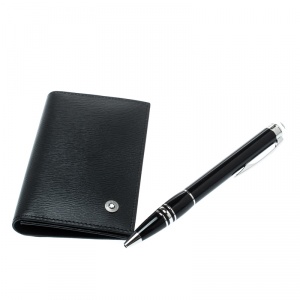Pre Owned Montblanc Black StarWalker Resin Silver Tone Ballpoint Pen & Westside Business Card Holder Set 