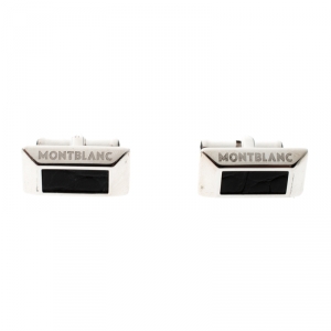 Montblanc Black Leather Silver Rectangular Cufflinks