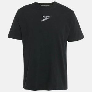 Pre Owned Off-White Black Logo Embroidered Cotton Crewneck T-Shirt L