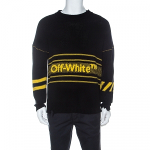 Pre Owned Off White Black Logo Intarsia Knit Cotton Distressed Jumper S