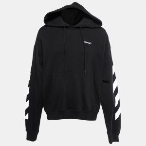 Pre Owned Off-White Black Logo Print Cotton Hoodie XL