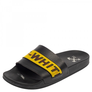 Off-White Black Leather Logo Slide Sandals Size 42